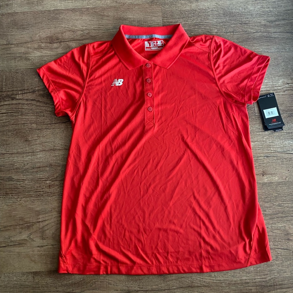 NEW BALANCE Polo SHIRT Womens L RED Performance Tech Athletic Sport NEW W/ TAGS
